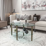 Transparent Oval Glass Coffee Table, Modern Table In Living Room Oak Wood Leg Tea Table 3-Layer Glass Table
