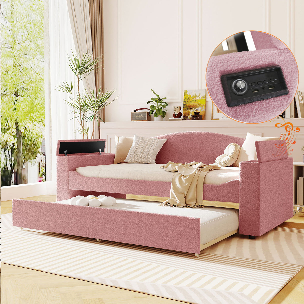 Upholstered Daybed With Storage Armrests, Trundle And Latest Integrated Bluetooth Audio System