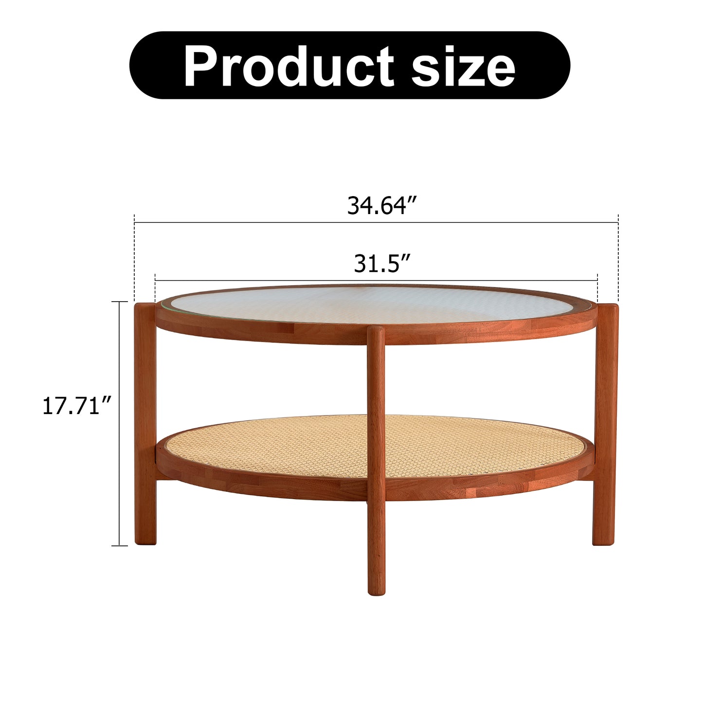 Modern minimalist circular double-layer solid wood coffee table, craft glass tabletop, second layer material: PE rattan, solid wood frame. 34.6 '* 34.6' * 17.7''