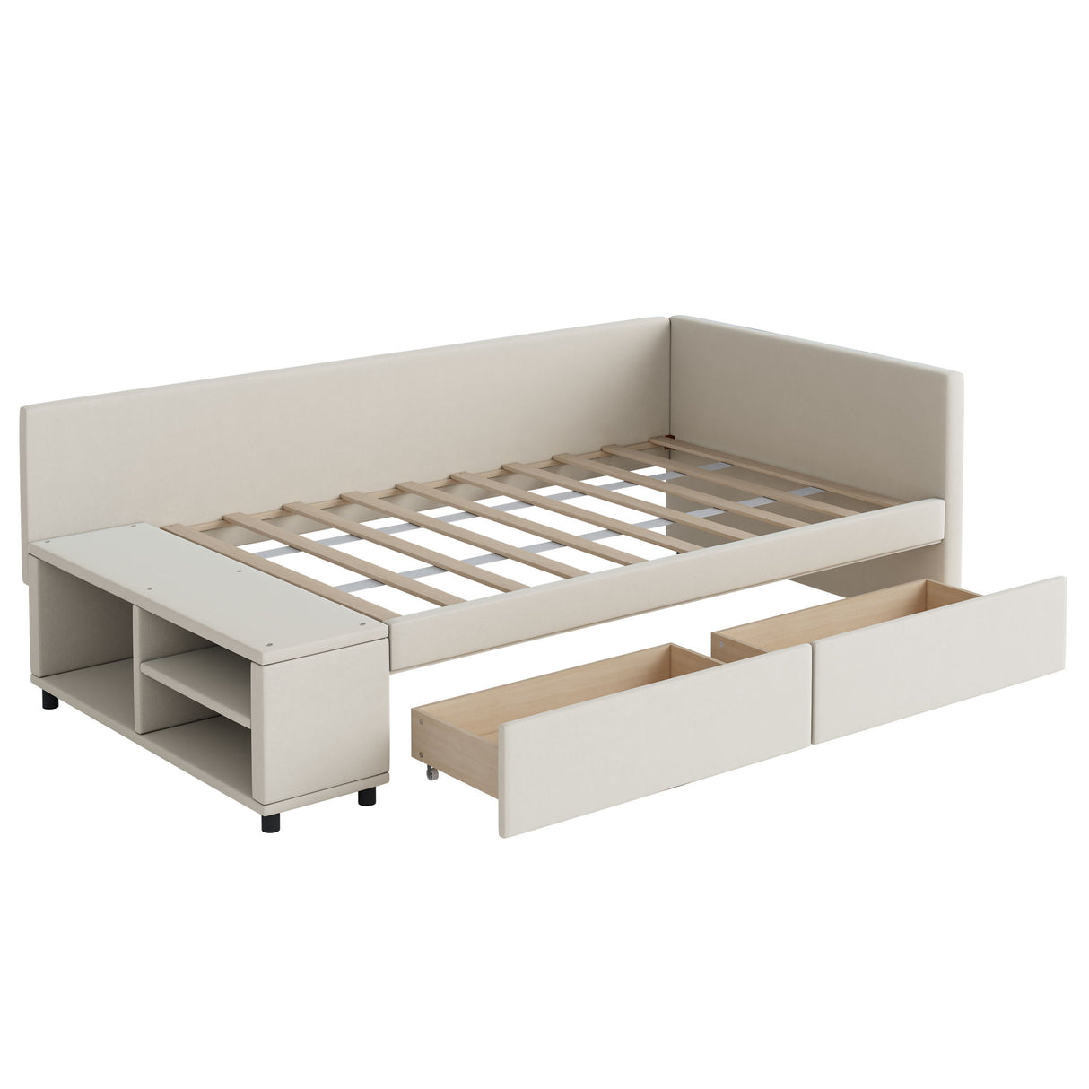 L Shaped Upholstered Platform Bed With Storage And Drawers