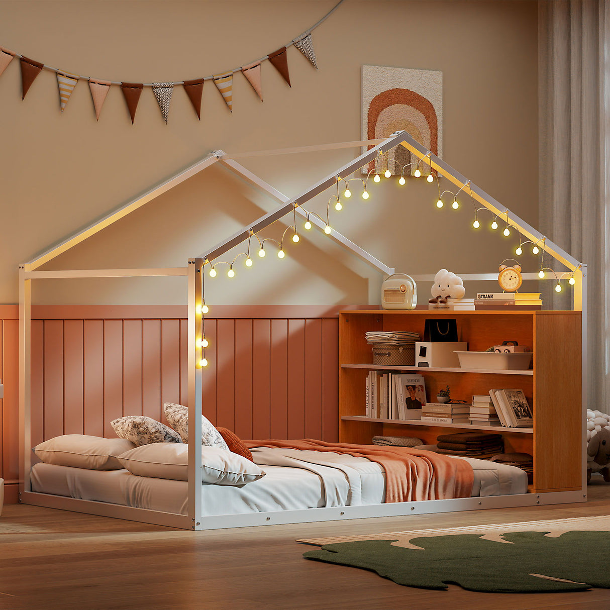 Bed House Frame With Shelves And Lights