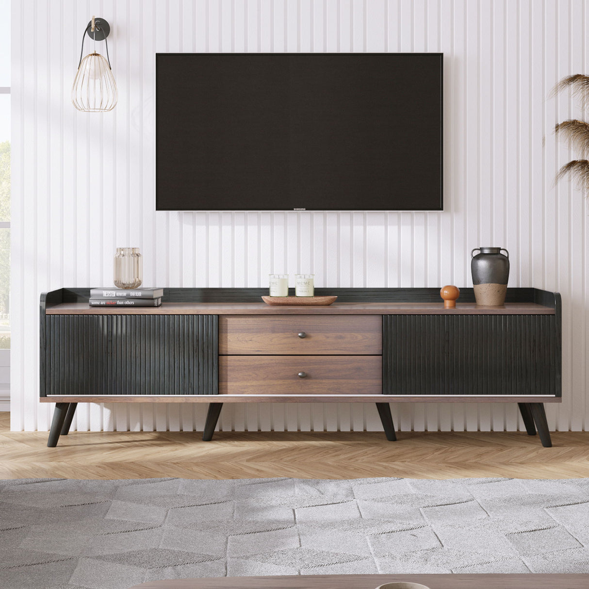 Mid Century TV Stand With 2 Cabinets & Open Compartments, Entertainment Center For Tvs Up To 70'', Television Console For Living Room - Dark Coffee / Black