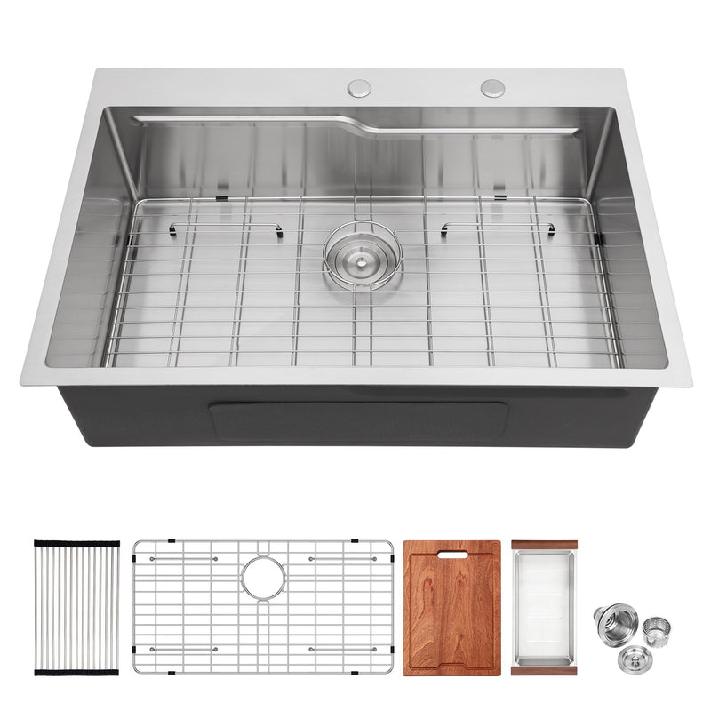 33" Drop In Kitchen Sink With Ledge Workstation, Single Bowl, 16 Gauge Stainless Steel - Black / Gray