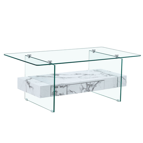 Modern 2 Tier Square Coffee Table, Elegant Marble Pattern