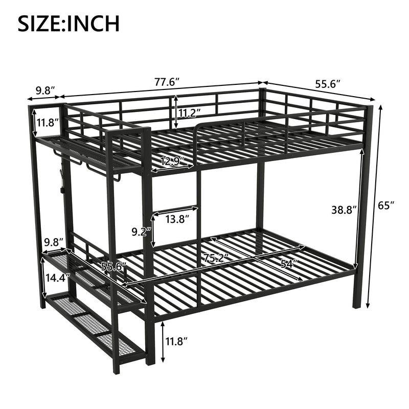 Bunk Bed With Storage Shelves, Clothes Hooks, LED Light