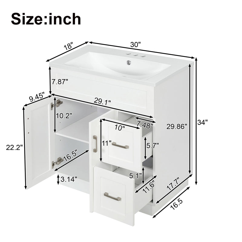 Bathroom Vanity With 2 Doors, 2 Drawers, Adjustable Shelf, Hidden Slides & Soft Close Hinges