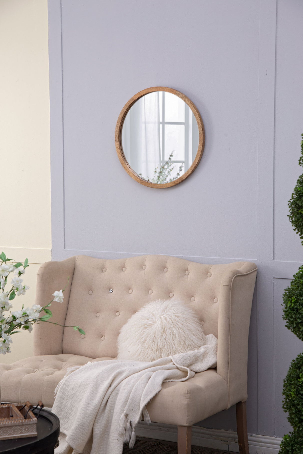 Circle Wall Mirror With Wooden Frame, Wall Mirror For Living Room