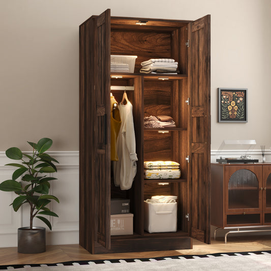 2-Door Wooden Wardrobe Armoire with LED and 4 Storage Shelves, Brown