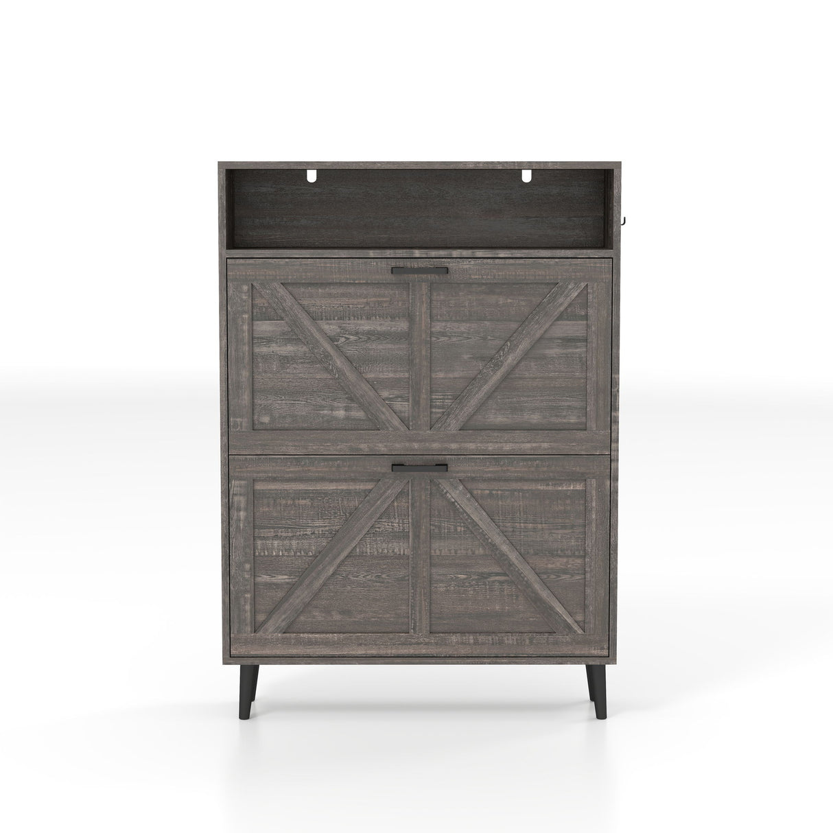 Farmhouse Shoe Storage Cabinet With Barn Door Design, 2 Flip Drawers, Hooks - Dark Oak