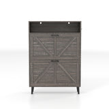 Farmhouse Shoe Storage Cabinet With Barn Door Design, 2 Flip Drawers, Hooks - Dark Oak