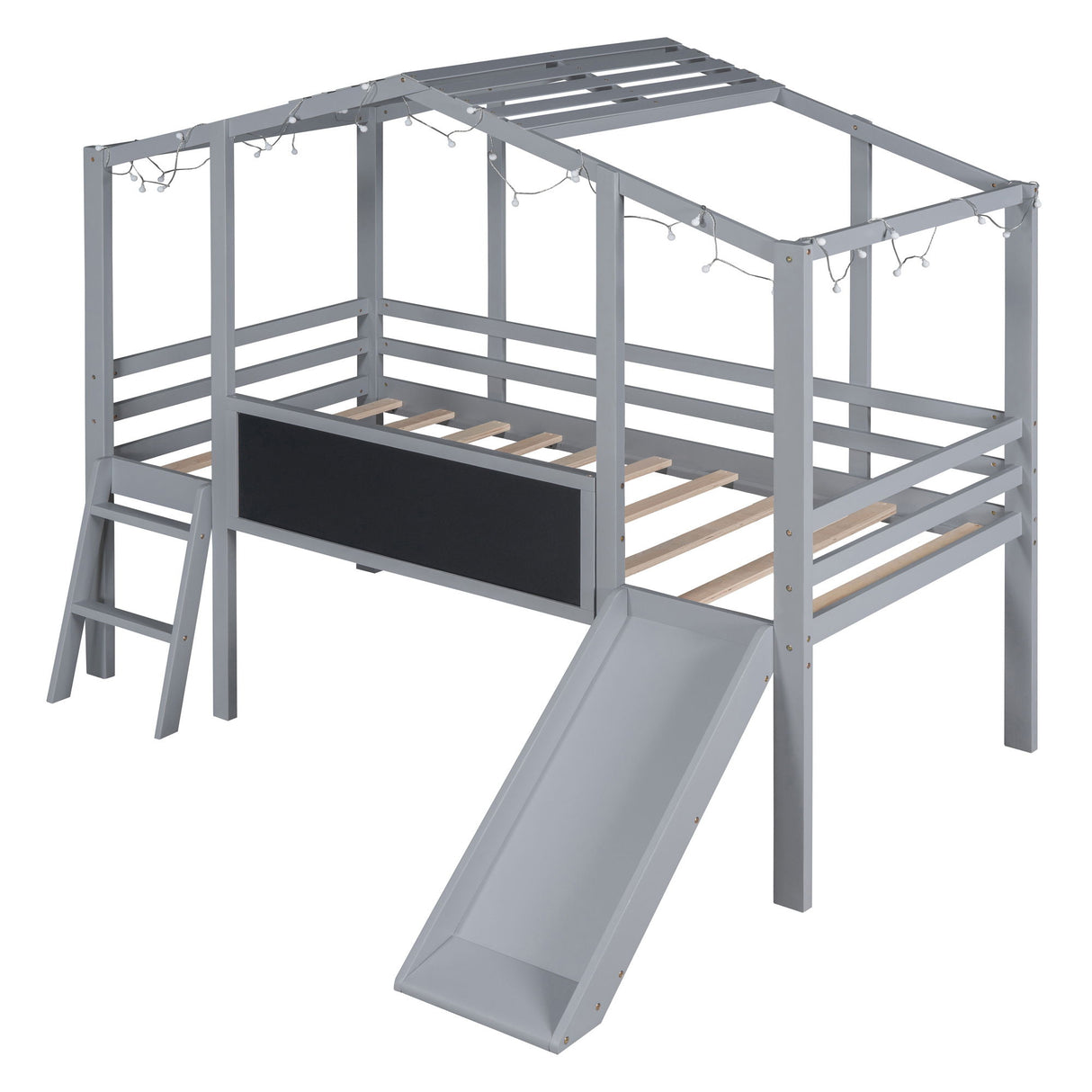 Loft House Bed With Ladder And Slide, With Blackboard And Light Strip On The Roof