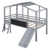 Loft House Bed With Ladder And Slide, With Blackboard And Light Strip On The Roof