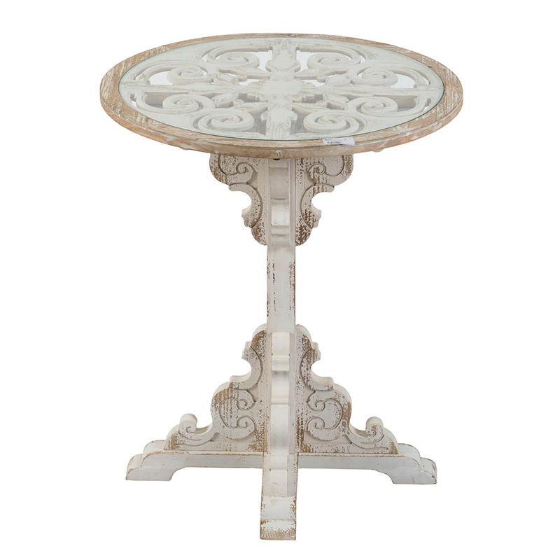 Round Wooden Carved Table Distressed Design - Antique White