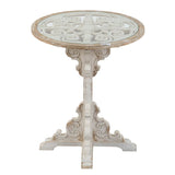 Round Wooden Carved Table Distressed Design - Antique White