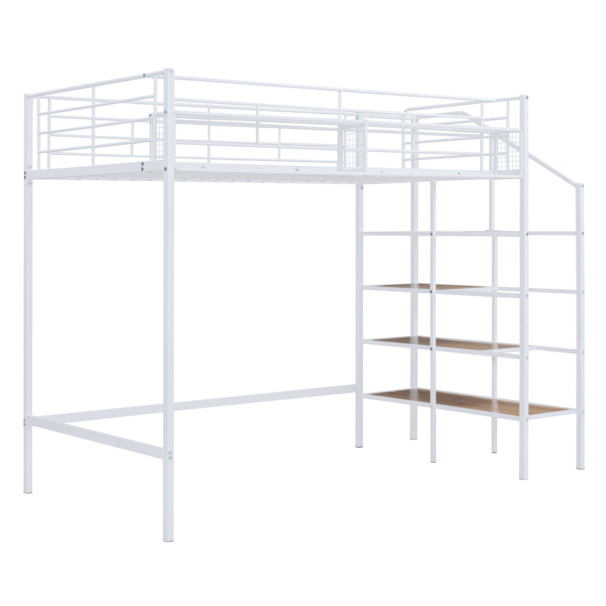 Loft Bed With Upper Grid Storage Shelf And Lateral Storage Ladder