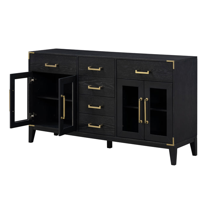 TREXM 6-drawer and 2-Cabinet Retro Sideboard with Extra Large Storage Space, with Gold Handles and Solid Wood Legs, for Kitchen and Living Room (Black)