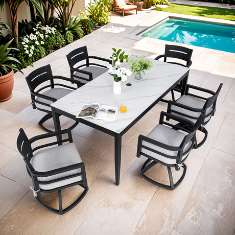 7 Piece Modern Outdoor Patio Dining Set With Table And Swivel Chairs Rockers With Sunbrella Cushions - Ember Black / White