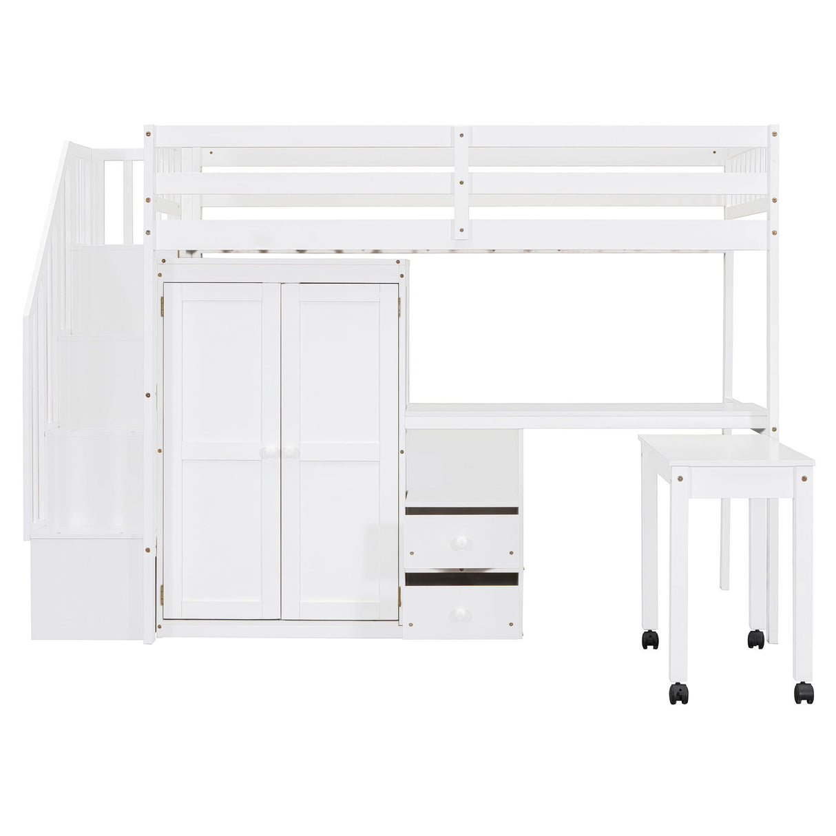 Loft Bed With Stairs, Bookshelf, Drawers, Desk & Wardrobe, Space Saving Multifunctional Furniture