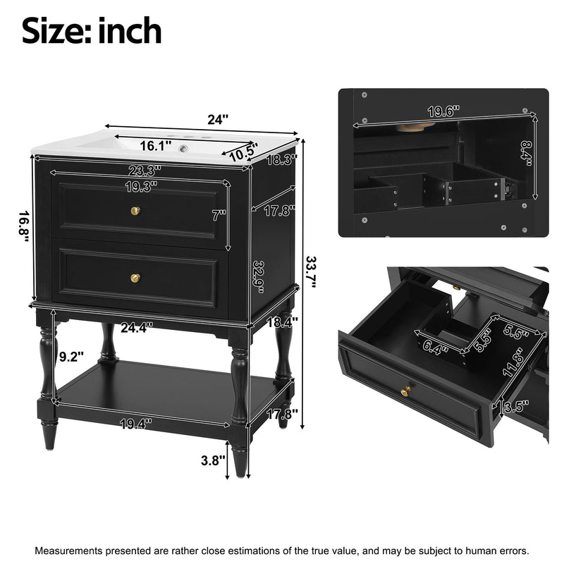 Bathroom Vanity With Sink, 2 Drawers Storage Cabinet, Open Shelf