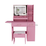 Vanity Desk With LED Mirror Lights And Power Outlet Charging Station, 3 Drawers, 7 Shelves, Storage Stool - Pink