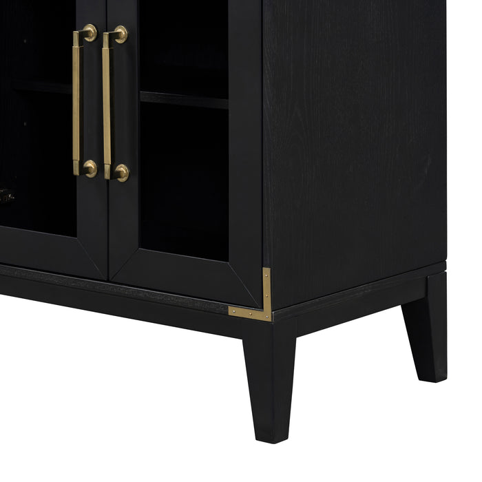 TREXM 6-drawer and 2-Cabinet Retro Sideboard with Extra Large Storage Space, with Gold Handles and Solid Wood Legs, for Kitchen and Living Room (Black)