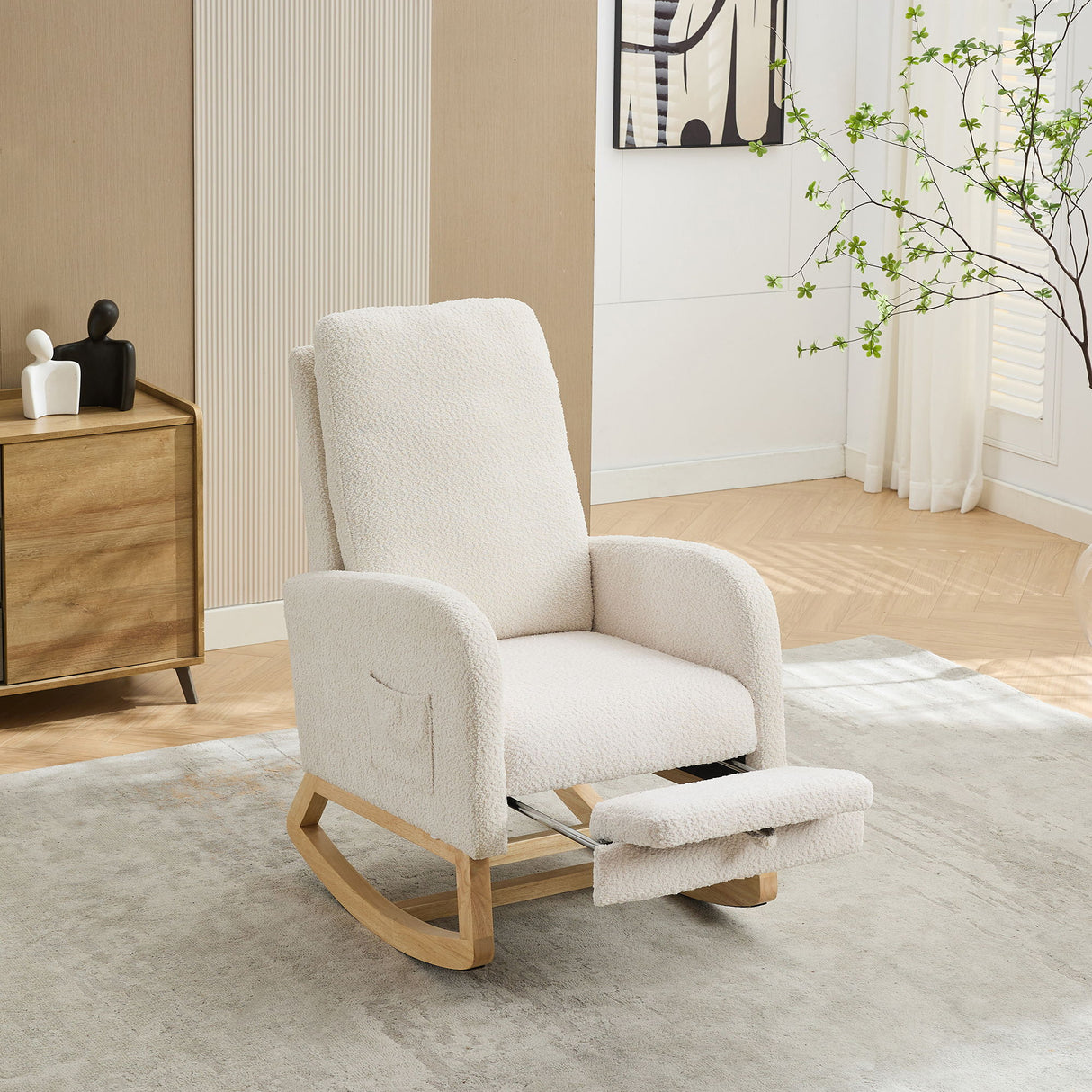 Rocking High Back Glider Chair With Retractable Footrest, Side Pocket
