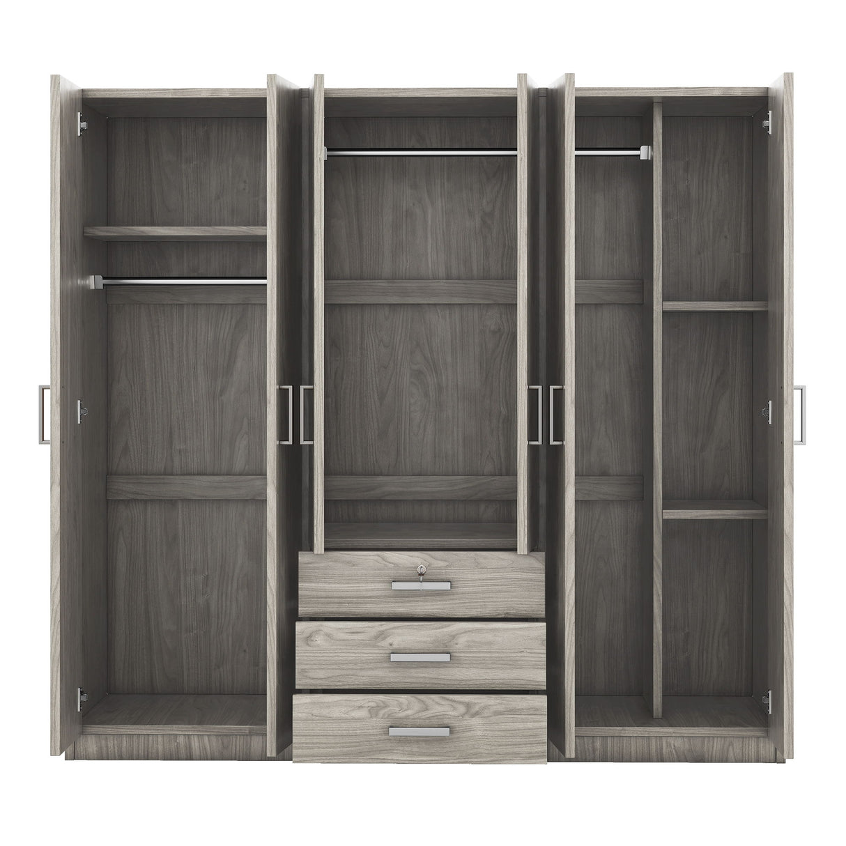 6 Doors Wardrobe Storage For Bedroom, With Big Drawers - Gray
