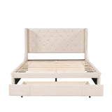 Storage Bed Velvet Upholstered Platform Bed With Wingback Headboard And A Big Drawer