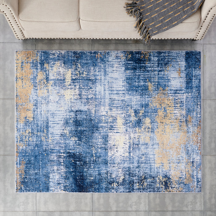 ZARA Collection Abstract Design Blue Gold Machine Washable Super Soft Area Rug