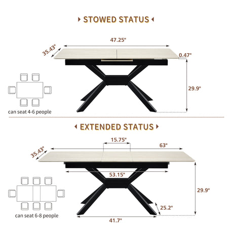 Rectangular Extendable Dining Table With Geometric X Frame, Kitchen Table For Dining Room - Beige
