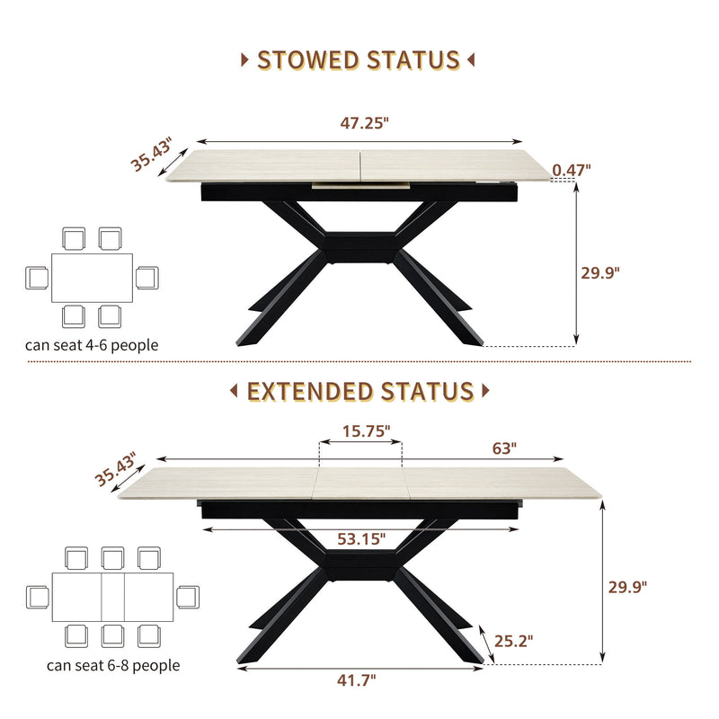 Rectangular Extendable Dining Table With Geometric X Frame, Kitchen Table For Dining Room - Beige