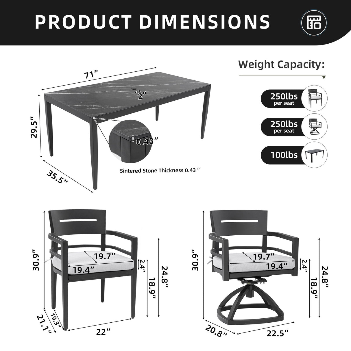 7 Pieces Modern Outdoor Patio Dining Set, Rectangular Table, 4 Chairs & 2 Swivel Rockers, Sunbrella Cushions - Ember Black