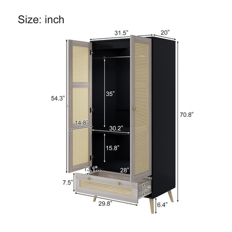 Tall Armoire Wardrobe Closet With 2 Rattan Doors & 1 Drawer, Boho Clothes Storage Cabinet With Hanging Rod For Bedroom - Natural / Black