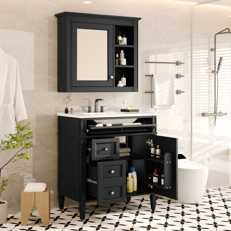 Bathroom Vanity With Medicine Cabinet, Royal Mirror Cabinet, Modern Bathroom Storage Cabinet With 2 Soft Closing Doors And 4 Drawers