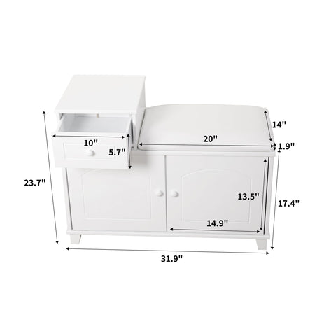 Shoe Storage Bench Cabinet With Fireproof Cushion, Double Doors And Movable Drawer For Door Entrance - White