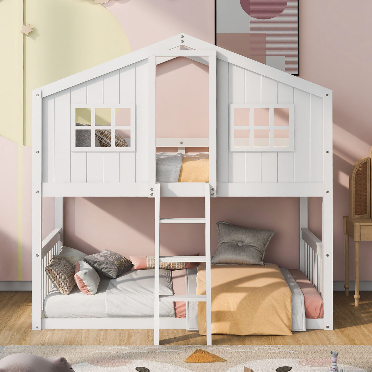 House Bunk Bed With Ladder, Wood Bed