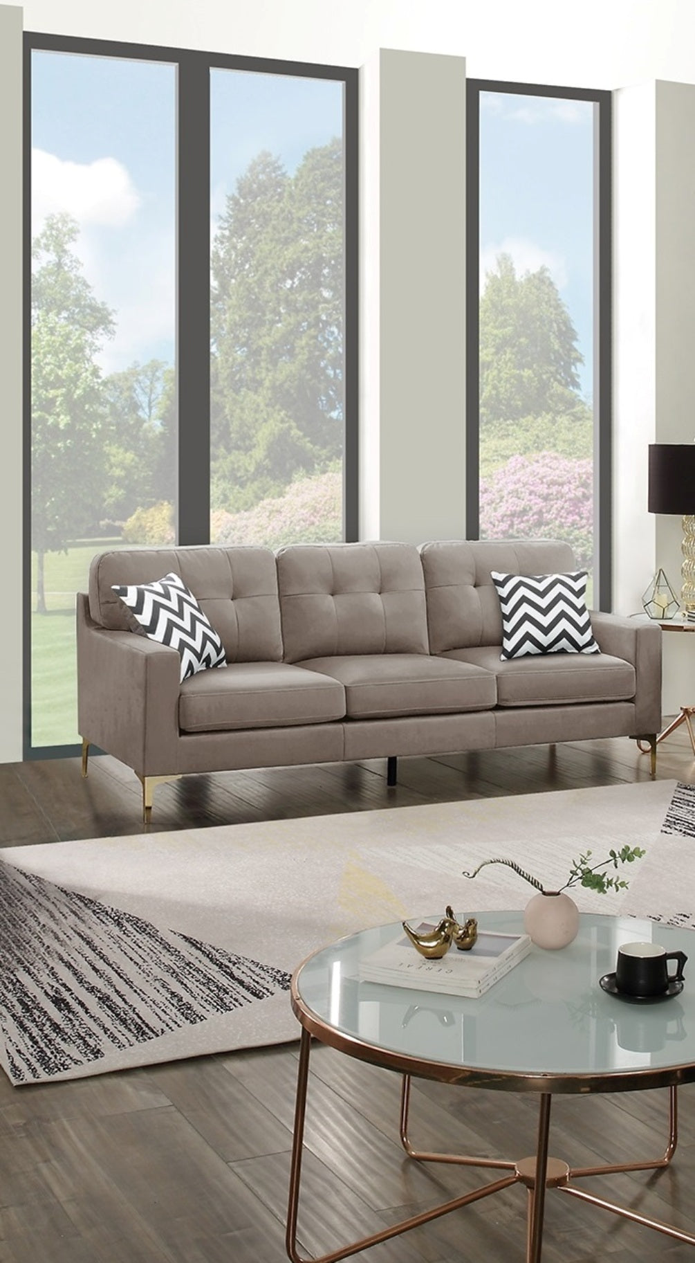 Eye-Catching Attractive 2pc Sofa Set Light Brown Velvet Fabric Sofa Loveseat w Pillows Couch Firm Tufted Cushions Living Room