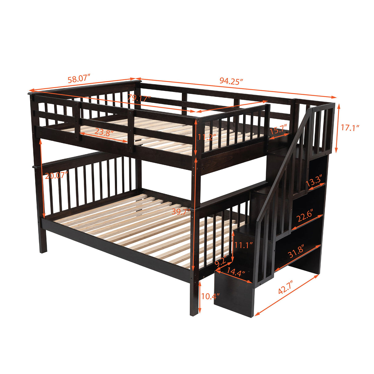 Stairway Bunk Bed With Storage And Guard Rail For Bedroom