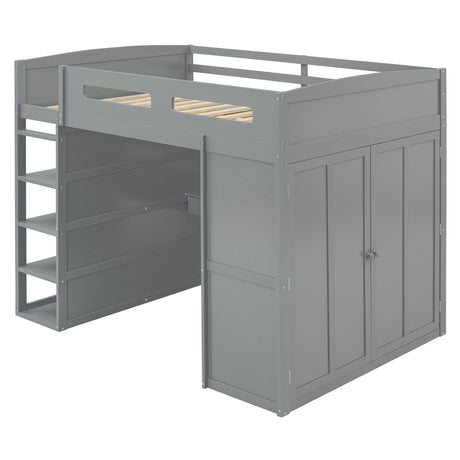 Full Size Loft Bed With Desk, Wardrobes, 4 Drawers And 4 Shelves - Gray
