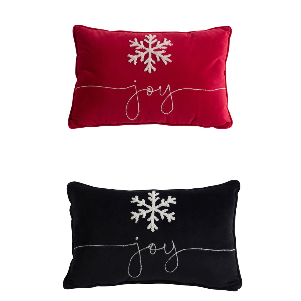 Velvet Pillow With Embroidered Joy And Frosty Snowflake, For Christmas Halloween Holiday Decor (Set of 2) - Black / Red