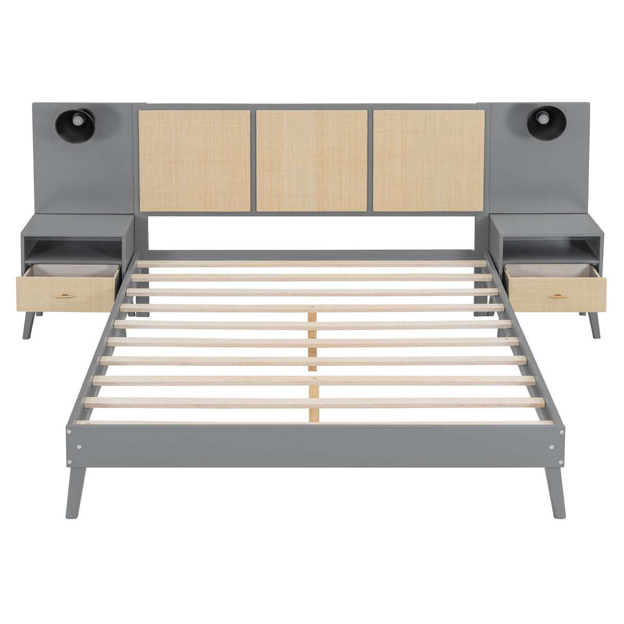 Bed Frame With 2 Nightstands Elegant Design With Lamps