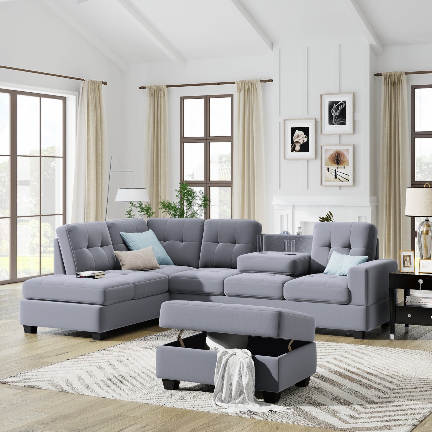 Orisfur. Sectional Sofa with Reversible Chaise Lounge, L-Shaped Couch with Storage Ottoman and Cup Holders