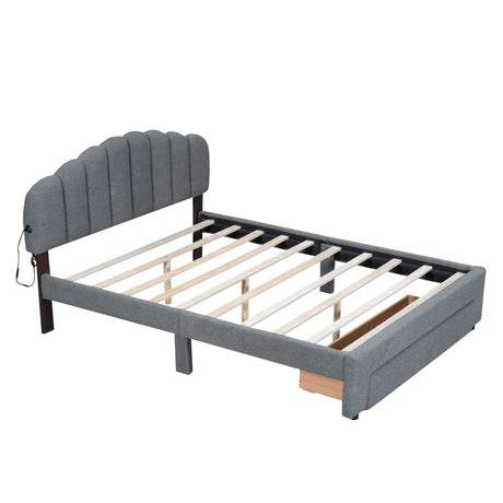 Queen Size Upholstered Platform Bed With Drawer - Gray