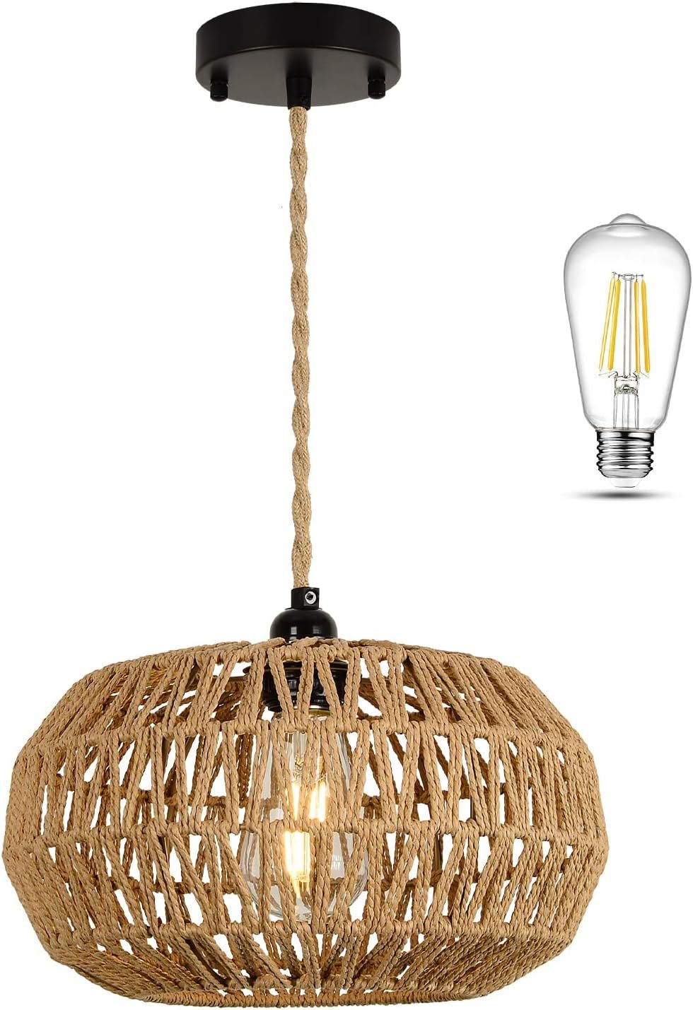 Farmhouse LED Rattan Pendant Lights, Boho Chandelier Light Fixture, Rustic Wicker Hand Woven Rope Cage Basket Pendant Hanging for Dining Room Living Room Kitchen Bedroom Nursery Foyer Hallway Entryway