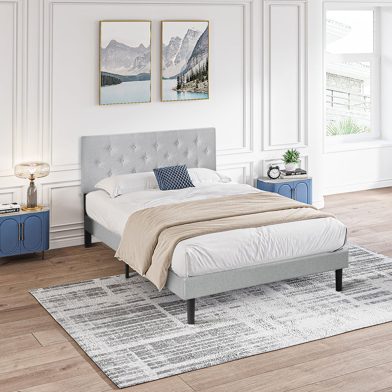 Modern Upholstered Platform Bed Frame With Button Tufted Fabric Headboard