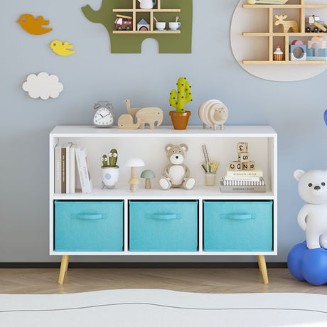 Bookcase With Collapsible Drawers, Book Display Storage Cabinet Organizer - White / Blue