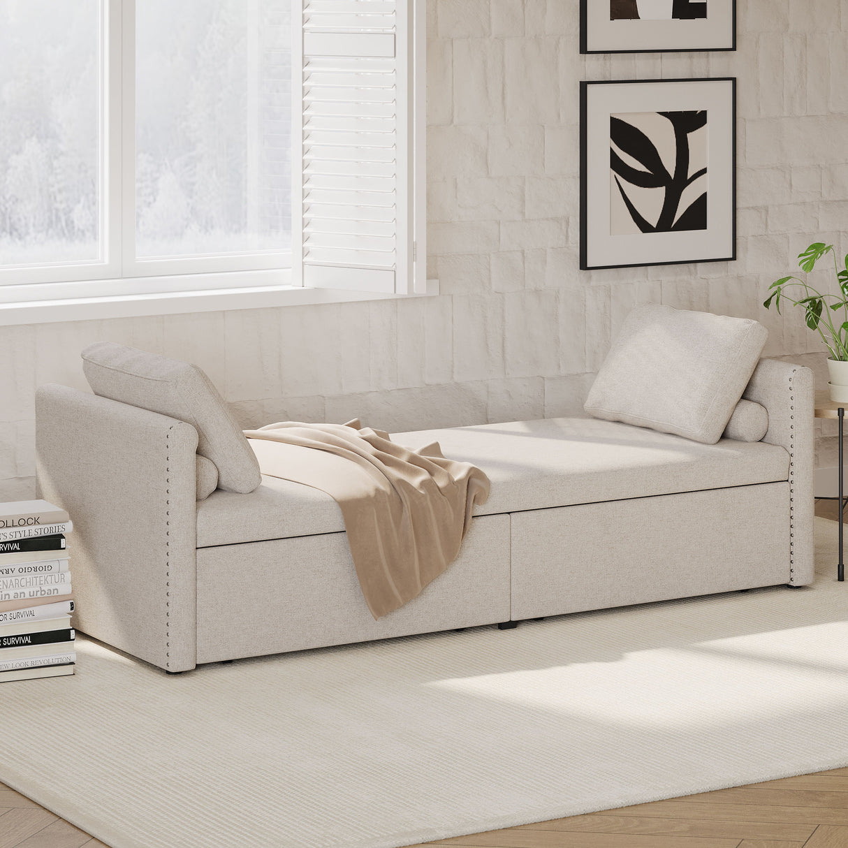 Modern Upholstered Chaise Lounger Daybed With Pillows Small Single Daybed, No Mattress Needed