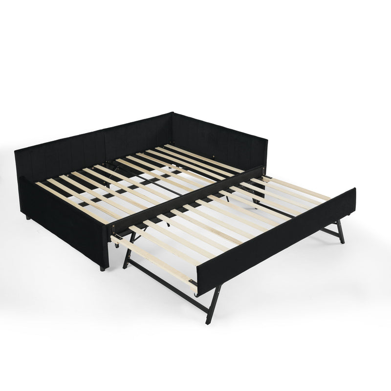 Full Size Upholstered Daybed With Trundle, Tufted Backrest And Armrests - Black