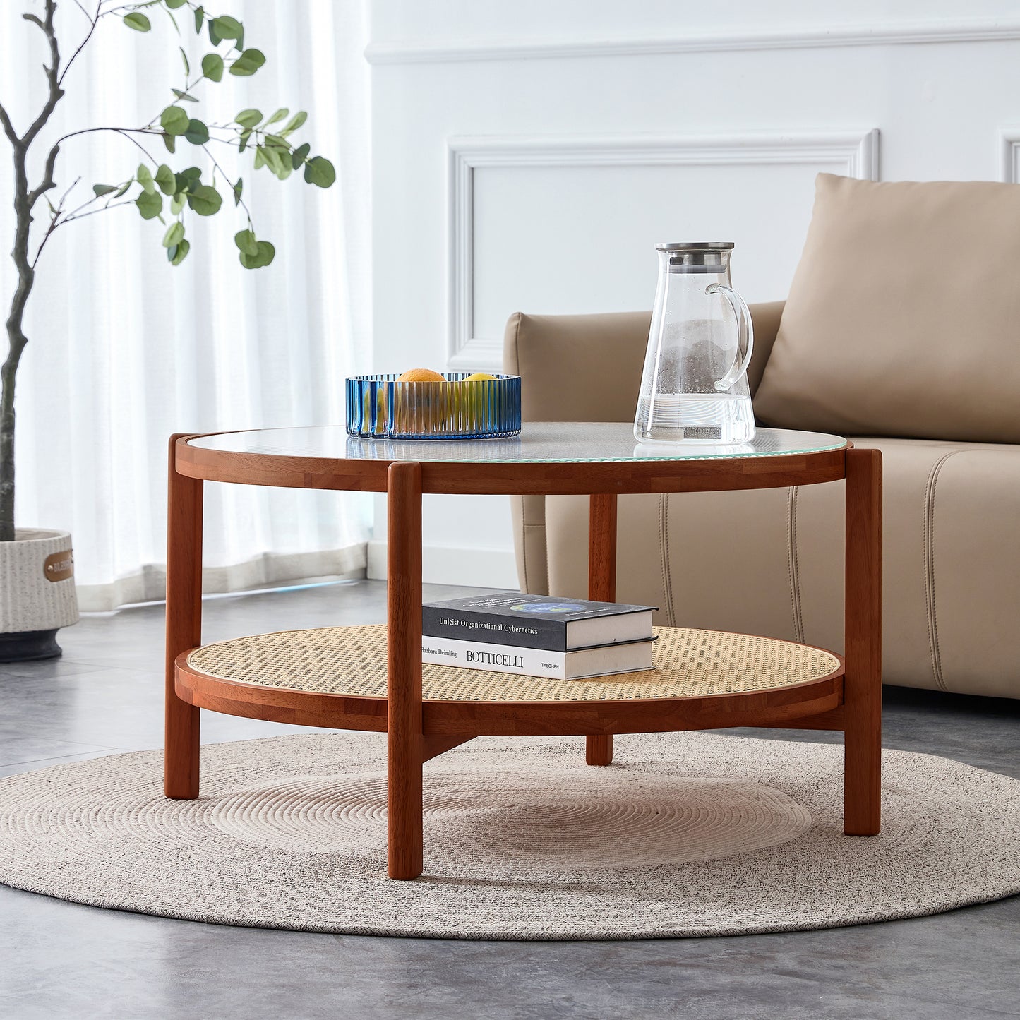 Modern minimalist circular double-layer solid wood coffee table, craft glass tabletop, second layer material: PE rattan, solid wood frame. 34.6 '* 34.6' * 17.7''