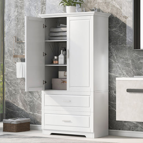 Tall Bathroom Storage Cabinet, Cabinet With 2 Doors And Drawers, Adjustable Shelf
